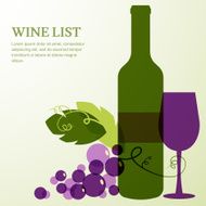 Wine bottle glass and branch of grape with leaves