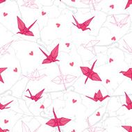 Origami cranes in love on the branches seamless vector print N2