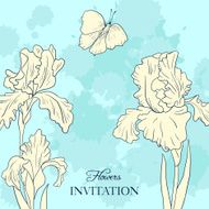 floral card with bouquet of irises and butterfly