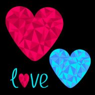 Blue and pink hearts Polygonal effect Love card Black backgro