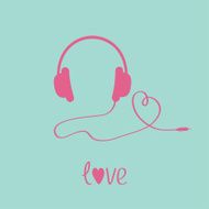 Pink headphones and cord in shape of heart Blue background