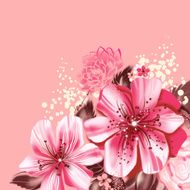 Pink flowers in watercolor technique Russian decorative style khokhloma N2
