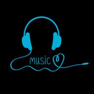 Blue headphones with cord and word Music Black background Love