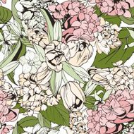 Pastel seamless pattern with tulips and hydrangeas