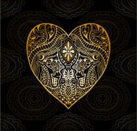 Golden heart on black background detailed lace pattern