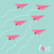 Six flying paper planes in the sky Love card N2