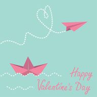 Origami paper boat and plane Happy Valentines day card