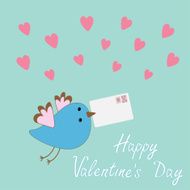 Flying bird with letter and hearts Happy Valentines Day card