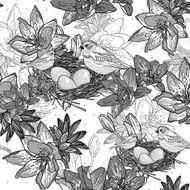 Seamless monochrome floral background with bird N2