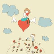 Doodle Girl Flies on the Heart over a Boy vector N2