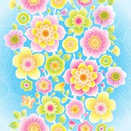 Bright floral border with butterfly and dragonfly on blue background