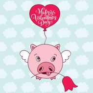 Valentine&#039;s day postcard cute pig with big heart balloon