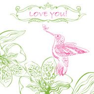 Love Greeting Card with Bird and Flowers Vector illustration