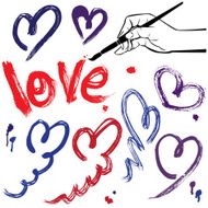 brush scribbles in heart shapes and word LOVE