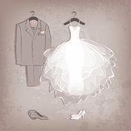 bride dress and groom&#039;s suit on grungy background N2
