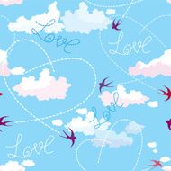 Seamless pattern with swallows hearts and clouds