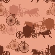 Seamless pattern of vintage horse carriages and bicycles