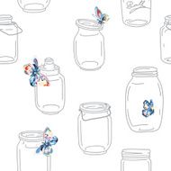 Seamless vintage whimsical pattern with jars and butterflies N2