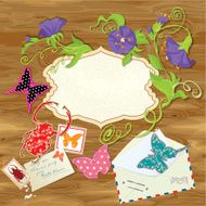 Wooden background with butterflies beetle flowers mail stamps