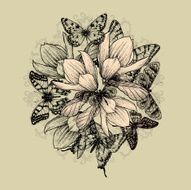Floral background with magnolia flowers and butterflies Vector illustration