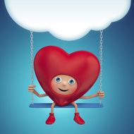 cute red heart cartoom siting on swing under the cloud