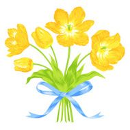Tulips bouquet with blue ribbon