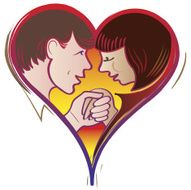 Young couple in love surrounded by heart