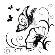 Decorative composition of curls flower and ornamented abstract silhouette butterflies N6