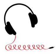 Black headphones with red spring cord Music card Flat design