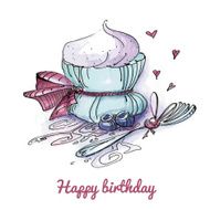Watercolor birthday card with a cute cupcake