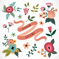 Romantic vector flowers floral elements and ribbon