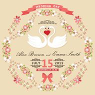 Cute wedding invitation with swans and floral frame
