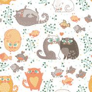 Seamless pattern with cats and birds
