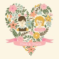 Wedding heart with flowers bride and groom