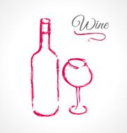 Bottle and glass of wine in ink grunge technique
