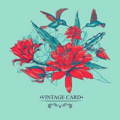 Vintage Card with Red Flowers and Hummingbirds N6