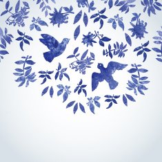 Watercolor illustration with birds and flowers