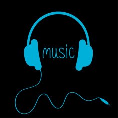 Blue headphones with cord and word Music Card