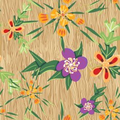 Seamless pattern of flowers on wooden background texture