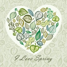 Spring card design with heart made of leaves