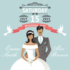 Cute flat bride and groom Retro Wedding invitation