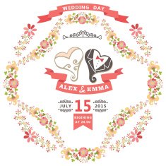 Cute wedding invitation with stylized heart and floral frame