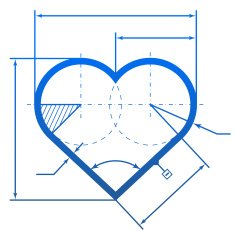 Heart symbol with dimension lines