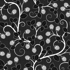 Seamless lace pattern with raspberry on black background N2