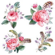 Set vintage watercolor bouquet of roses feathers and wildflowers
