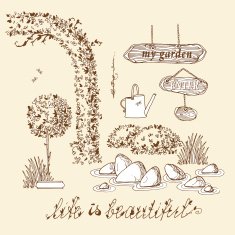 Set of hand drawn garden plants rock garden bege