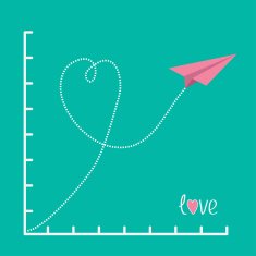 Origami pink paper plane and scale Love card Flat design