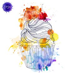 Hand painted watercolor cherry muffin Vector illustration