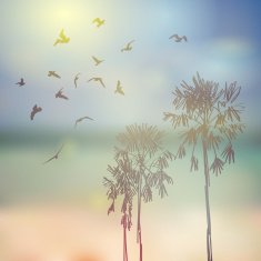 Silhouette of palm trees birds beach sky sea blue background