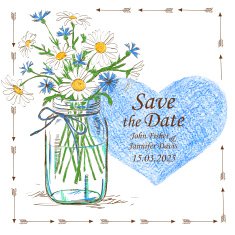 Wedding invitation with mason jar and camomile flowers